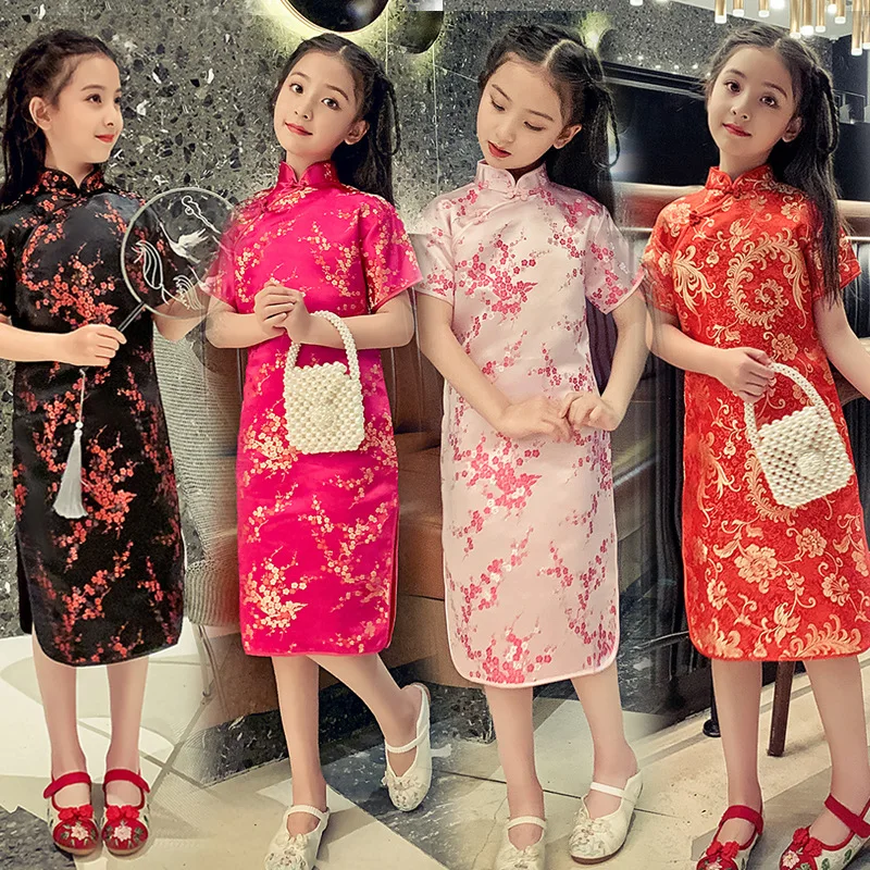 סינית קלאסית בסגנון צ ' יפאו ילדים Cheongsam משי ברוקד שמלת נסיכת ילדה הדפסה Cheongsams בעבודת יד כפתור בגדים