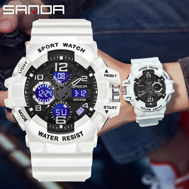 סאנדה גברים צבאי השעונים G סגנון הלבן ספורט השעון LED דיגיטלי עמיד למים 50M לצפות תאריך זכר שעון Relogio Masculino 3168