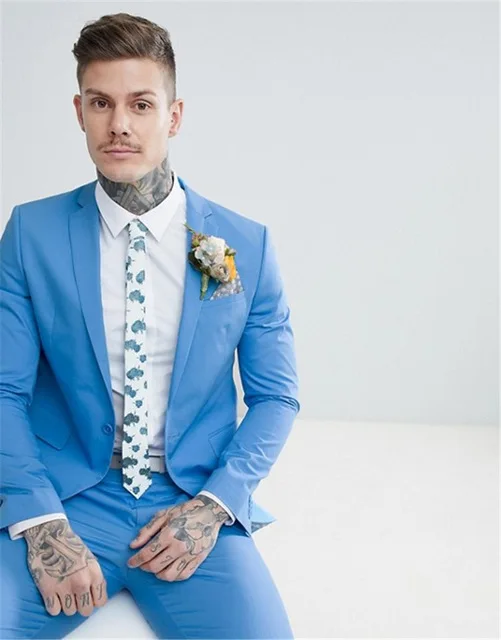 החתונה רזה החליפה שמיים כחולים כפתור אחד שתי חתיכות Slim Fit גברים חליפות חתונה מסיבה (ז ' קט+מכנסיים)