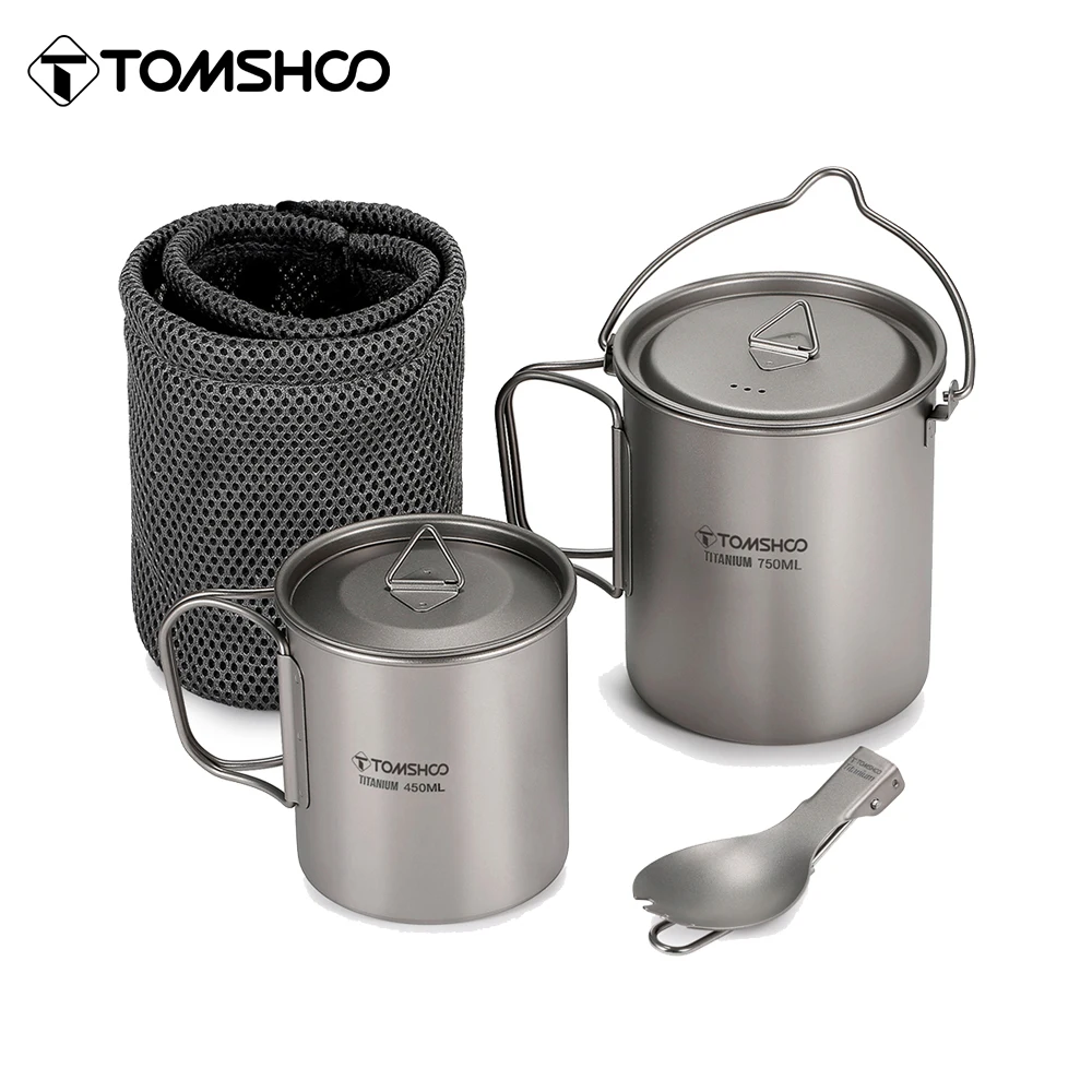 Tomshoo 3 יח טיטניום כלי בישול להגדיר האולטרה 750ml סיר 450ml מים כוס ספל כולל מכסה מתקפל מזלג בשביל חיצוני קמפינג, תרמילאות